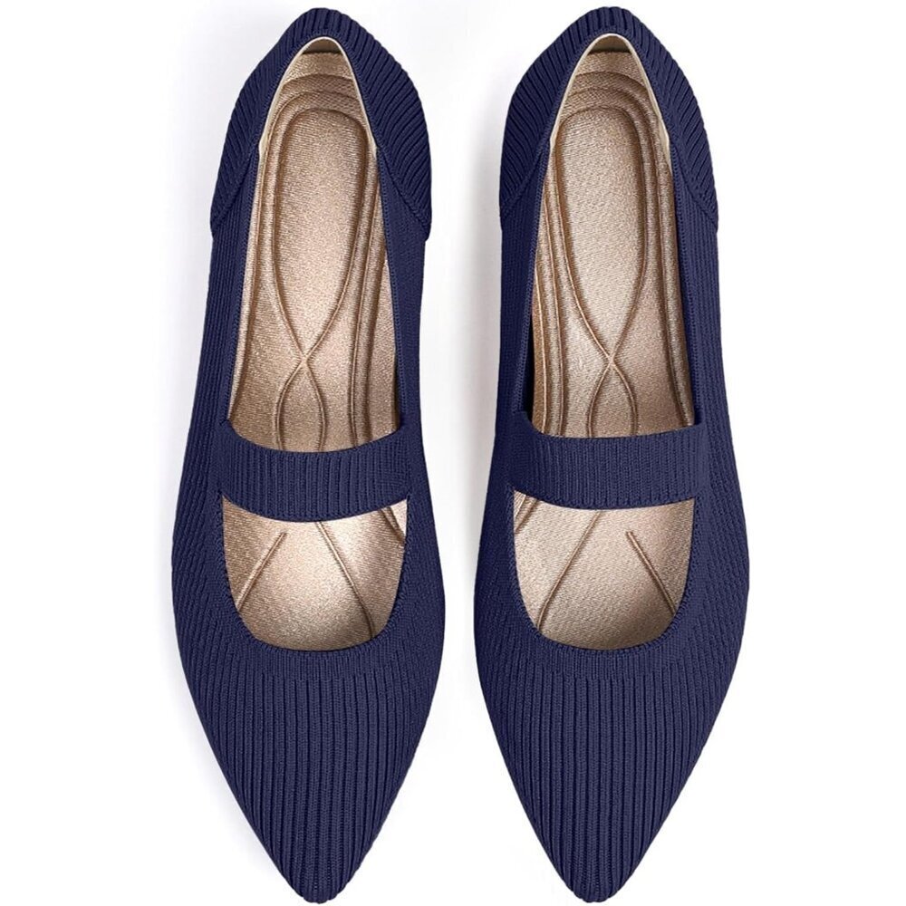 Women's Navy Knit Closed Pointed Toe Comfortable Washable Ballet Flats Shoes